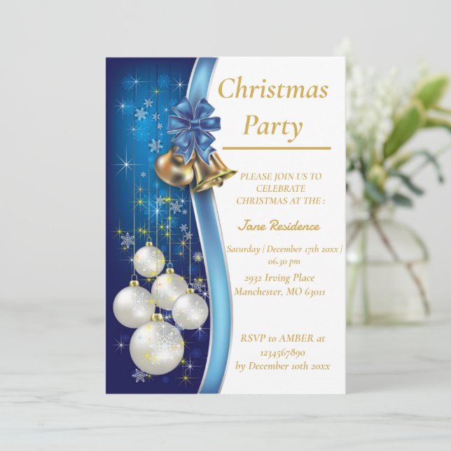 Blue Christmas Ornament Invitation (Standing Front)