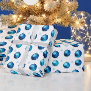 Blue Christmas Ornaments and Snowflakes  Wrapping Paper