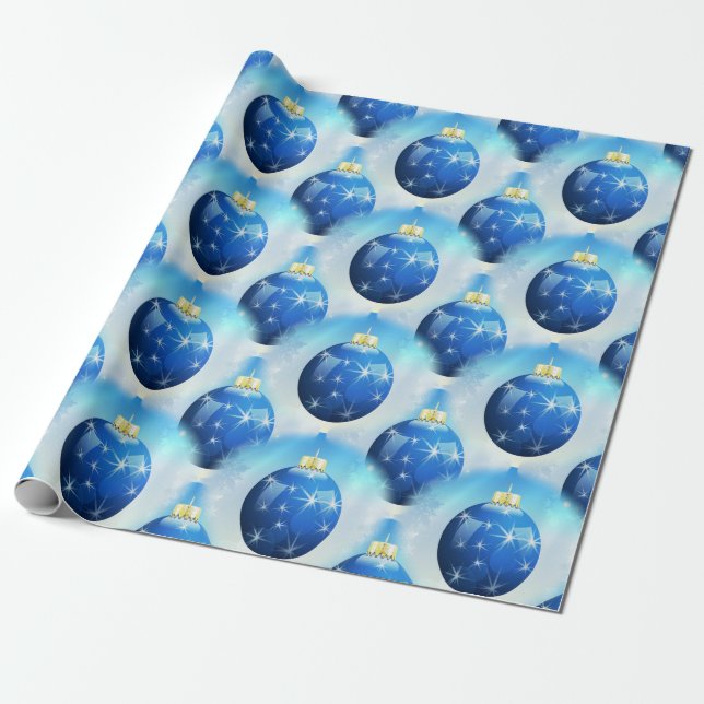 Blue Christmas Ornaments Wrapping Paper (Unrolled)