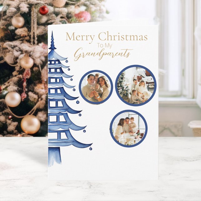 Blue Christmas Pagoda Tree Grandparent 3-Photo  Card (Blue Christmas Pagoda Tree Grandparent 3-Photo Card)