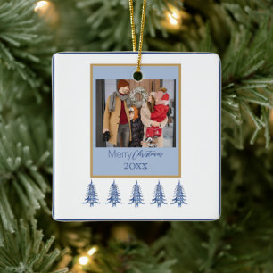 Blue Christmas Pagoda Trees 1-Photo Frame Ceramic Ornament