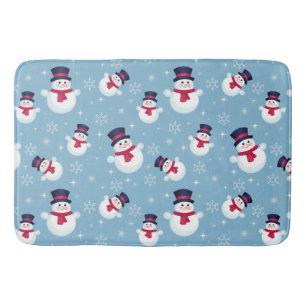 Blue Christmas Pattern With Snowmen And Snowflakes Bath Mat