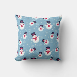 Blue Christmas Pattern With Snowmen And Snowflakes Cushion