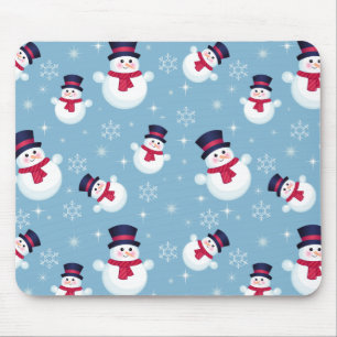 Blue Christmas Pattern With Snowmen And Snowflakes Mouse Pad
