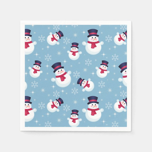 Blue Christmas Pattern With Snowmen And Snowflakes Napkin (Front)