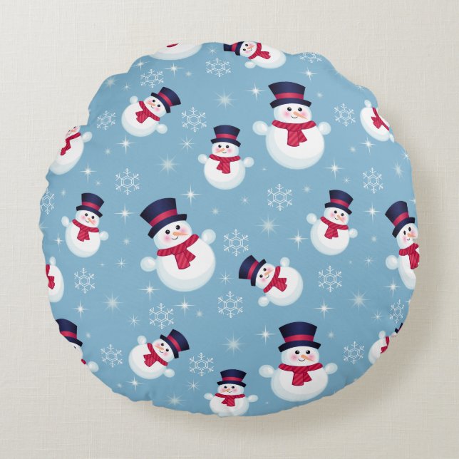 Blue Christmas Pattern With Snowmen And Snowflakes Round Cushion (Front)