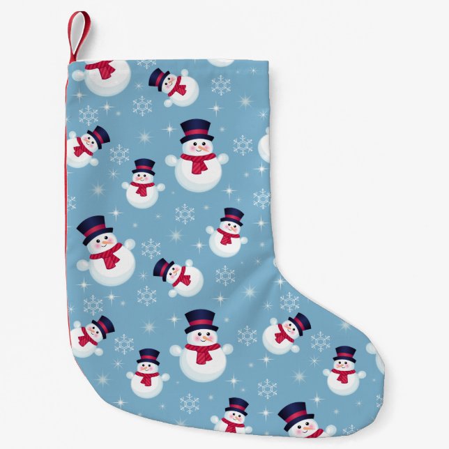 Blue Christmas Pattern With Snowmen And Snowflakes Small Christmas Stocking (Front)