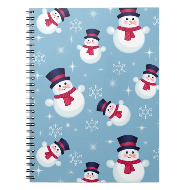 Blue Christmas Pattern With Snowmen And Snowflakes Spiral Notebook (Front)