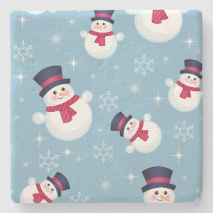 Blue Christmas Pattern With Snowmen And Snowflakes Stone Coaster