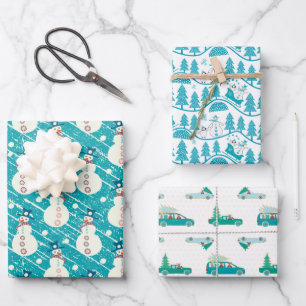 Blue Christmas Penguin, Snowman, Reindeer Set of  Wrapping Paper Sheet