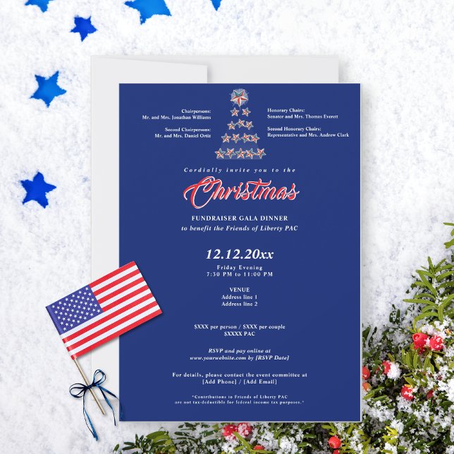 Blue Christmas Political Fundraiser Gala Dinner Invitation (Blue Christmas political fundraiser gala invitation on snowy background with star tree)