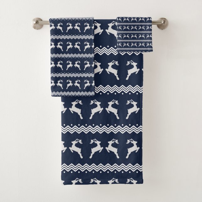 Blue Christmas Reindeer Seamless Pattern Bath Towel Set (Insitu)