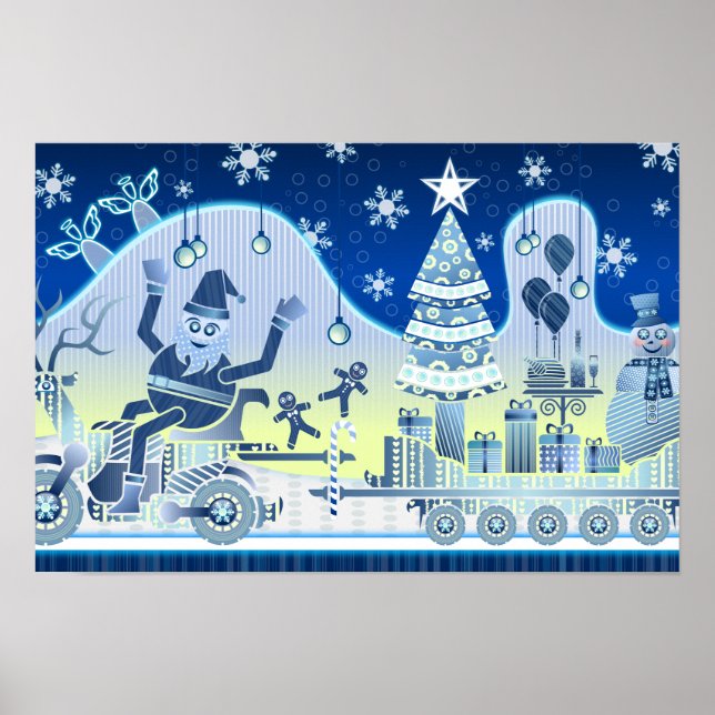 Blue Christmas Santa Claus Snowman Poster Tree (Front)