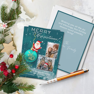Blue Christmas Santa Ornament Photo Card