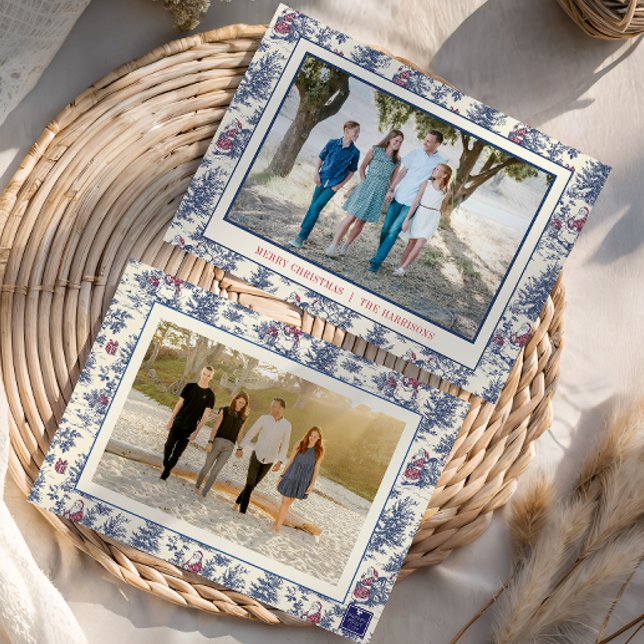 Blue Christmas Santa Toile Photo Holiday Card (Creator Uploaded)