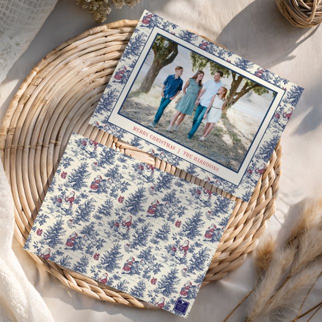 Blue Christmas Santa Toile Photo Holiday Card (Creator Uploaded)