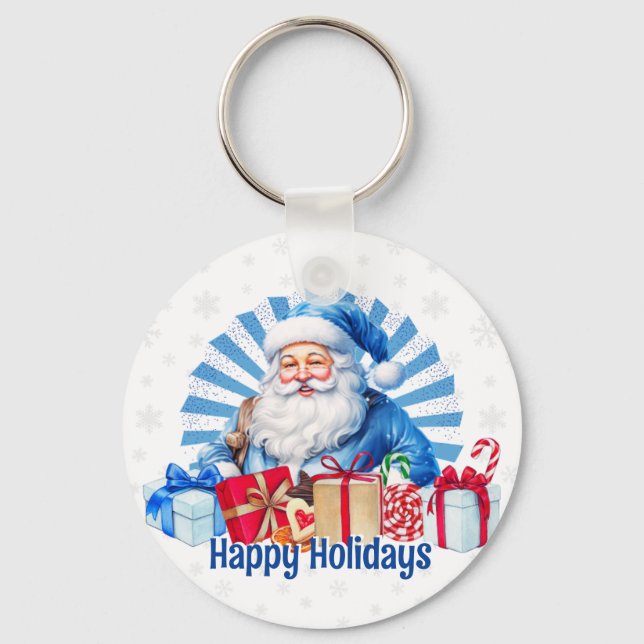 Blue Christmas Santa Vintage Happy Holidays Key Ring (Front)