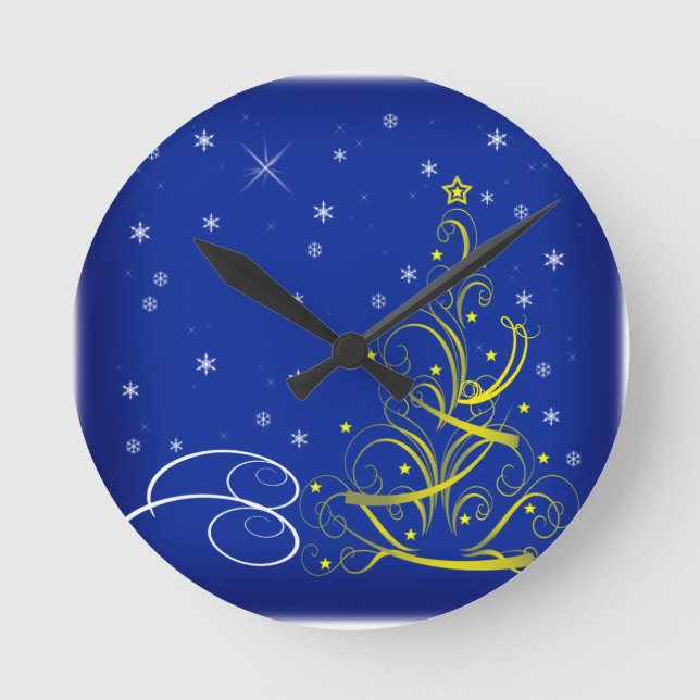 Blue Christmas scene Round Clock (Front)