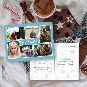 Blue Christmas Six Family Photos Message Postcard