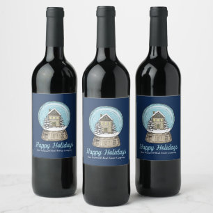 Blue Christmas Snow Globe Custom Holiday Party Wine Label