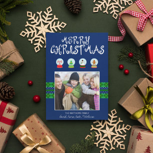 Blue Christmas Snow Globes Holiday Photocard Card