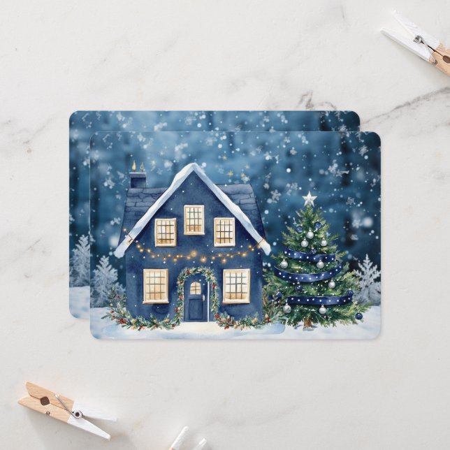 Blue Christmas Snow Winter Scene House (Front/Back In Situ)