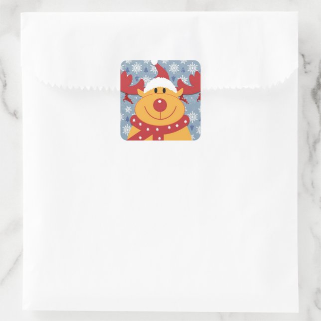 Blue Christmas Snowflake and Rudolf Square Sticker (Bag)