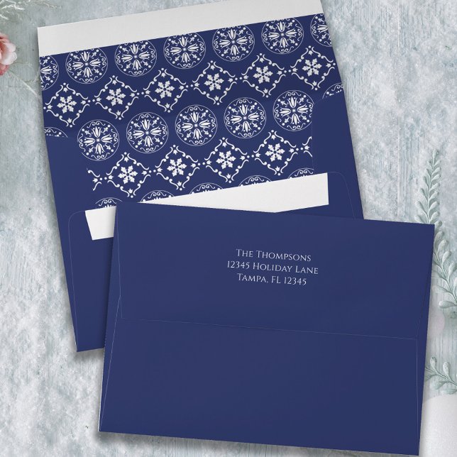 Blue Christmas Snowflake Pattern Custom Envelope (Navy blue snowflake pattern with white return address printed.)