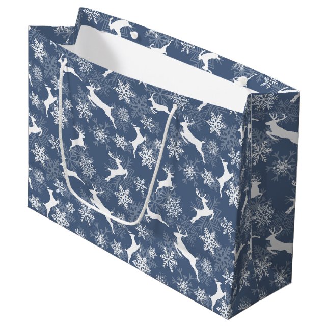 Blue Christmas snowflakes deer pattern Large Gift Bag (Front Angled)