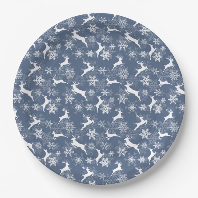 Blue Christmas snowflakes deer pattern Paper Plate (Front)