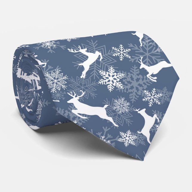 Blue Christmas snowflakes deer pattern Tie (Rolled)