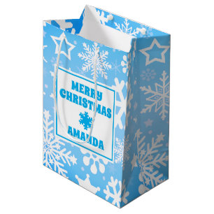 Blue Christmas Snowflakes Personalised Kids Medium Gift Bag
