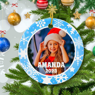Blue Christmas Snowflakes Personalised Kids Photo Ceramic Tree Decoration
