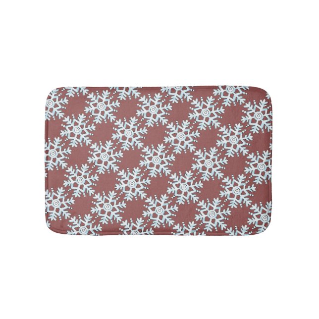 Blue Christmas Snowflakes, Winter Blizzard Pattern Bath Mat (Front)
