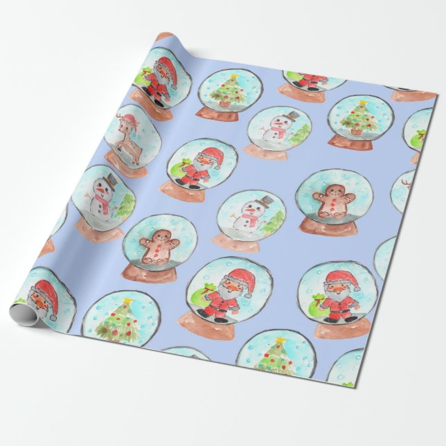 Blue Christmas snowglobe holiday wrapping paper (Unrolled)