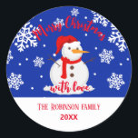 Blue christmas Snowman Snowflakes Classic Round St Classic Round Sticker<br><div class="desc">Beautiful and Cute Christmas sticker. This sticker is inspired by Xmas eve,  Do you like snowflakes,  snowmen,  and blue colours?  if is so this paper may be for you! Click on personalise to start customising!</div>