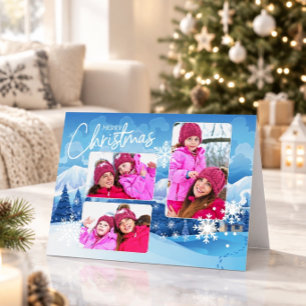 Blue Christmas Snowy Landscape Photo Foil Greeting Card