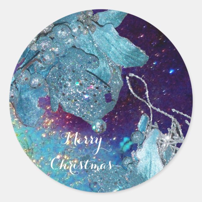 BLUE CHRISTMAS STAR , ELEGANT FLORAL IN SPARKLES CLASSIC ROUND STICKER (Front)