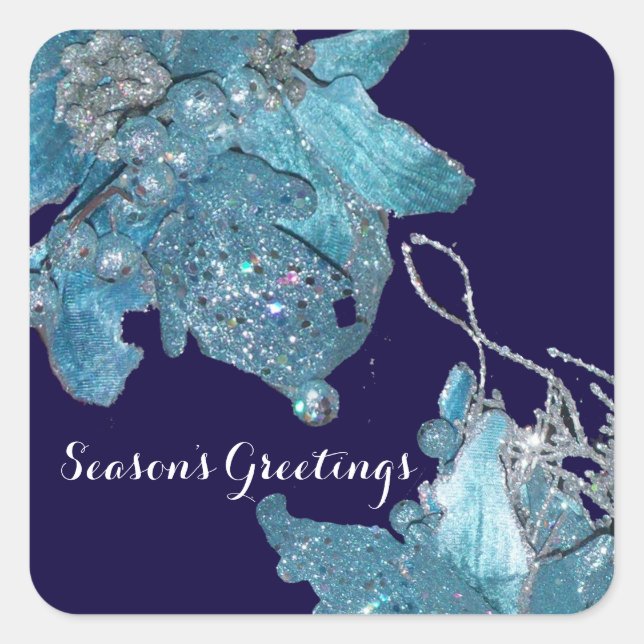 BLUE CHRISTMAS STAR , ELEGANT FLORAL IN SPARKLES SQUARE STICKER (Front)