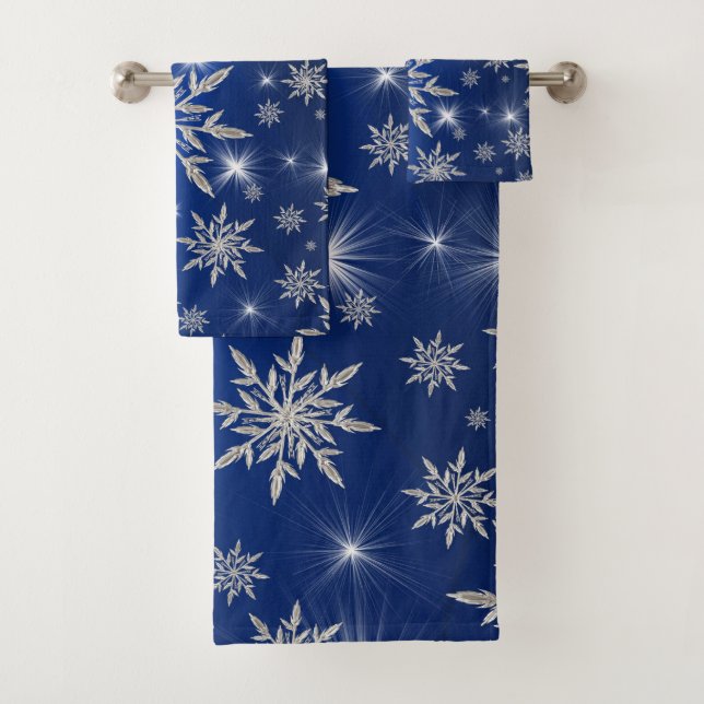 Blue Christmas stars with white ice crystal Bath Towel Set (Insitu)