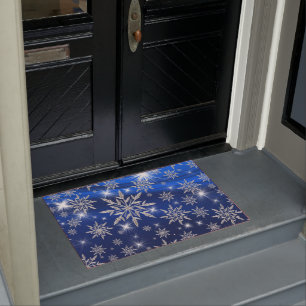 Blue Christmas stars with white ice crystal Doormat