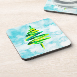 Blue Christmas tree abstract watercolor Beverage Coaster