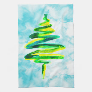 Blue Christmas tree abstract watercolor Kitchen Tea Towel