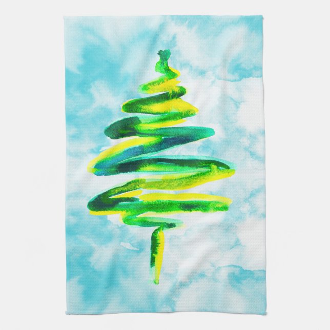 Blue Christmas tree abstract watercolor Kitchen Tea Towel (Vertical)
