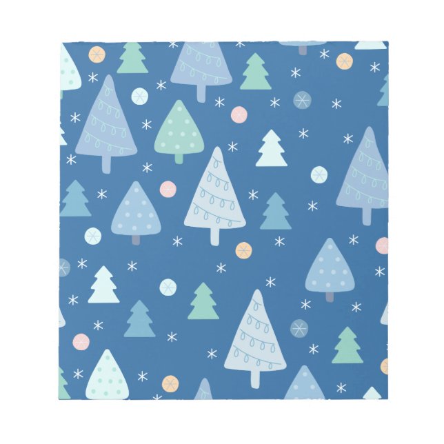 Blue Christmas Tree and Snow Pattern Notepad (Front)