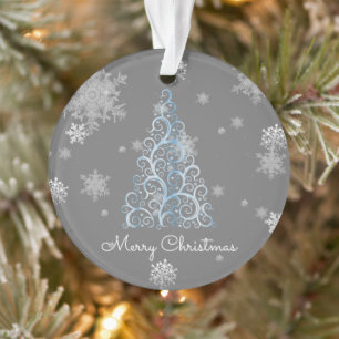 Blue Christmas Tree and Snowflakes Ornament