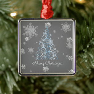 Blue Christmas Tree and Snowflakes Ornament
