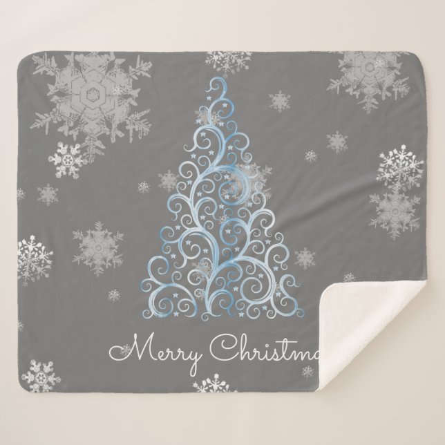 Blue Christmas Tree and Snowflakes Sherpa Blanket (Front (Horizontal))