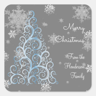 Blue Christmas Tree and Snowflakes Sticker