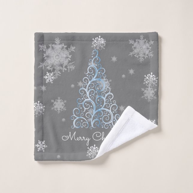 Blue Christmas Tree and Snowflakes Towel Set (Wash Cloth)